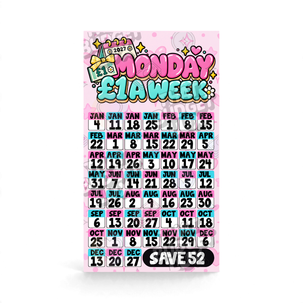 Monday £1 A Week Savings Challenge | Save £52 | A6 Tracker, Cash Envelope & Insert Set