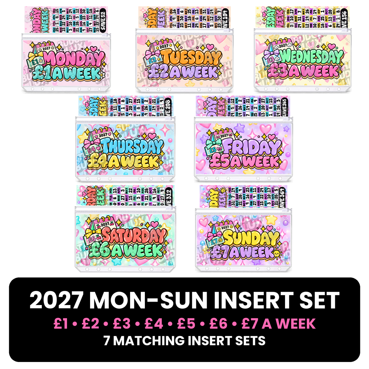 2027 Mon-Sun Insert Set | All 7 Weekday Savings Challenges £1 to £7 a Week