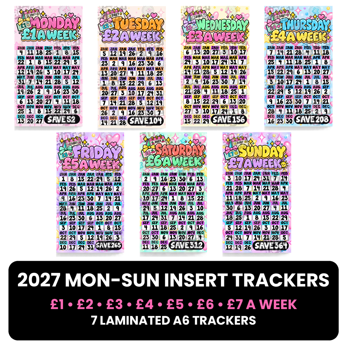 2027 Mon-Sun Insert Trackers | All 7 Weekday Savings Challenges £1 to £7 a Week