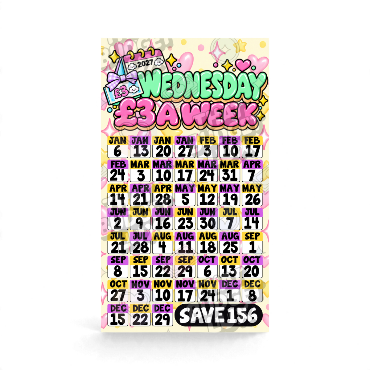 Wednesday £3 A Week Savings Challenge | Save £156 | A6 Tracker, Cash Envelope & Insert Set