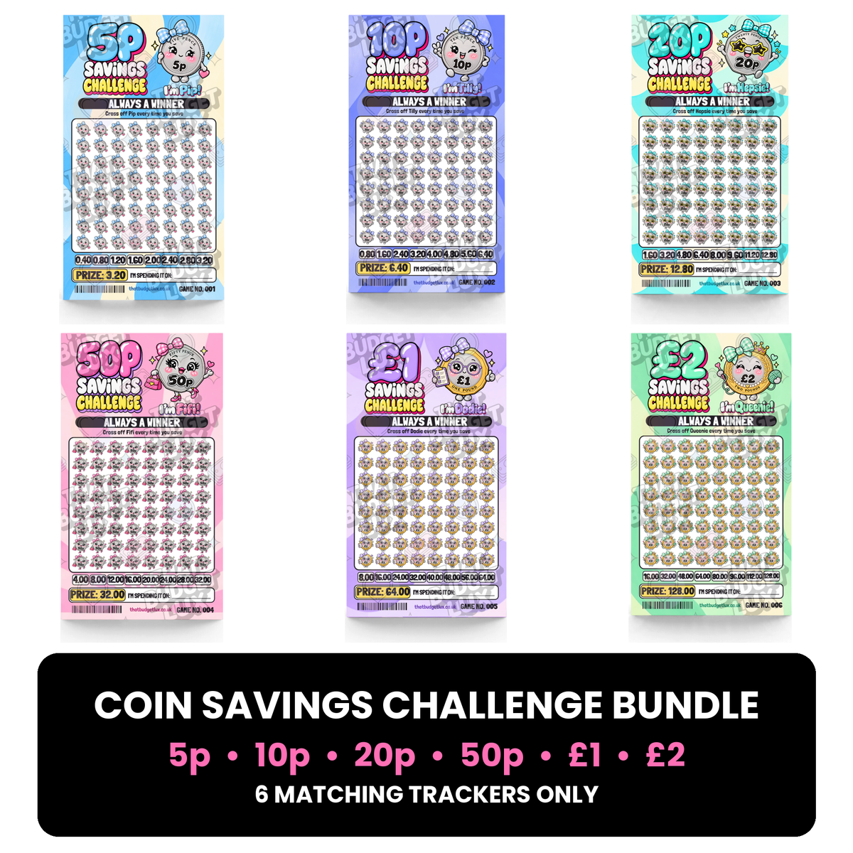Coin Savings Challenge Bundle | All 6 Insert Trackers Only | 5p, 10p, 20p, 50p, £1 & £2