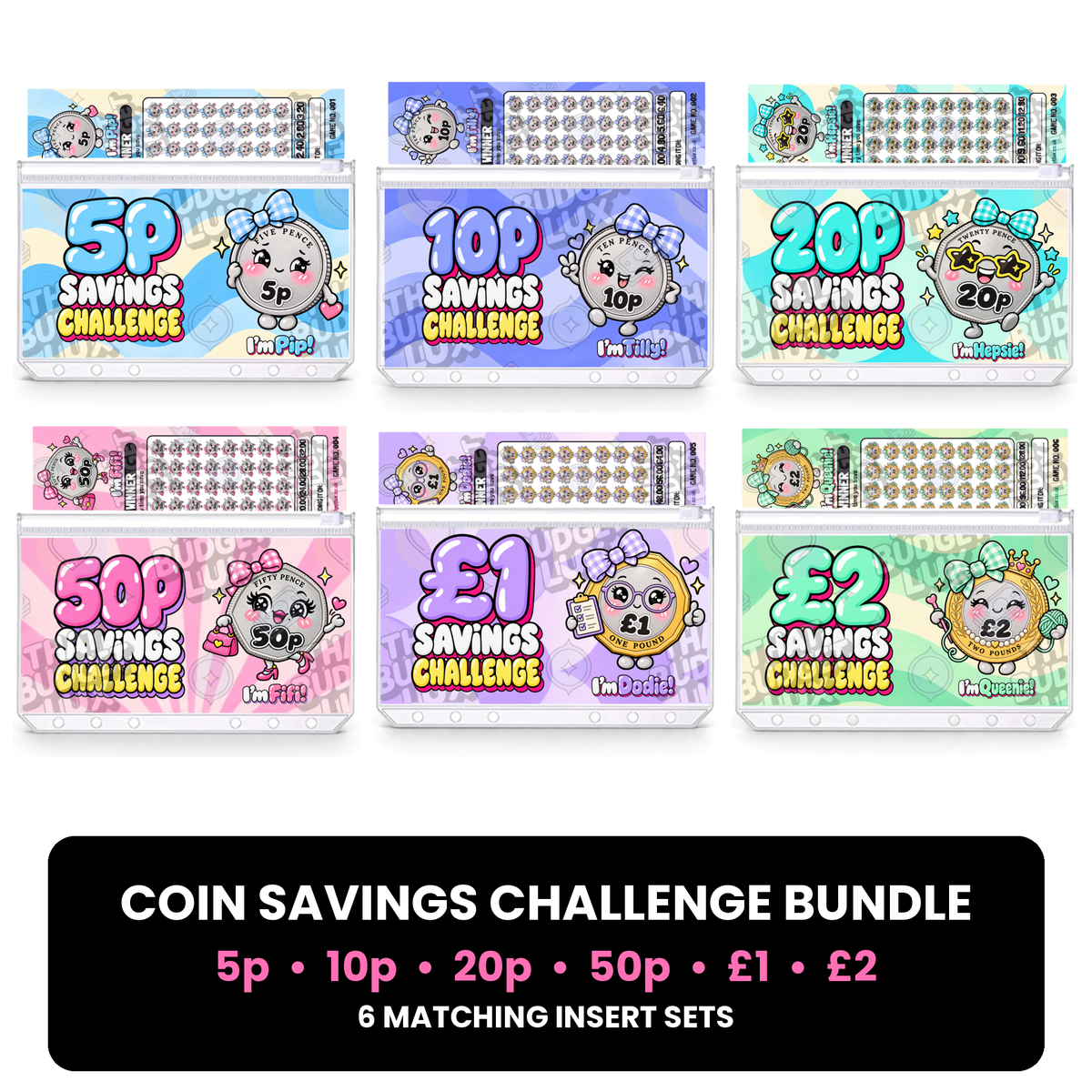 Coin Savings Challenge Bundle | All 6 Coin Insert Sets 5p, 10p, 20p, 50p, £1 & £2