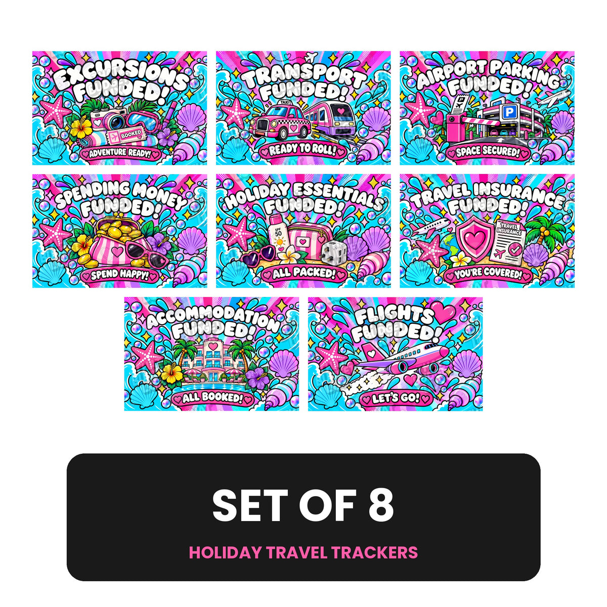 Holiday Fully Funded Placeholders | Set of 8 | Flights, Accommodation, Travel Insurance, Transport, Airport Parking, Holiday Essentials, Spending Money & Excursions