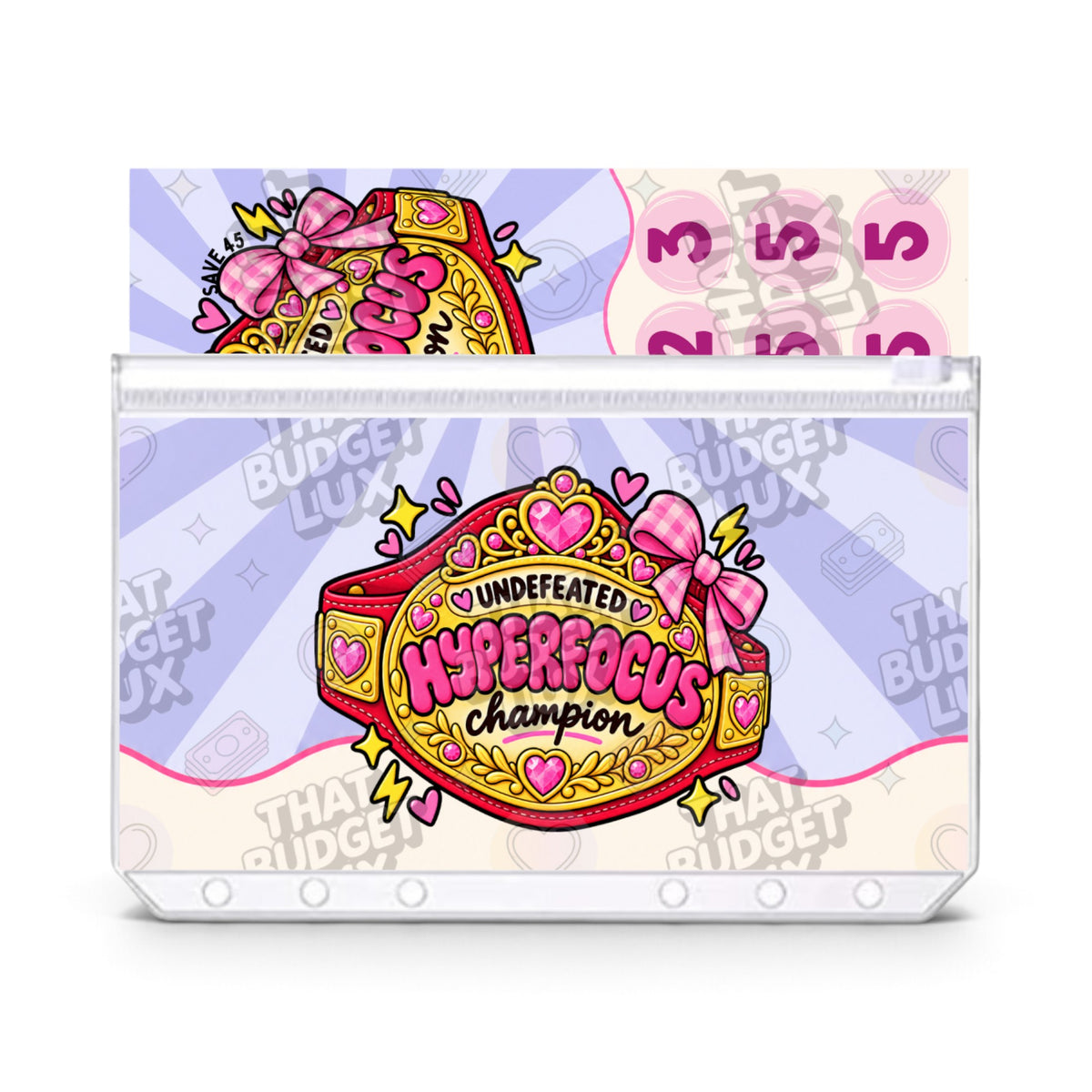 Hyperfocus Champion ADHD savings challenge insert set: A6 savings tracker in zip cash envelope