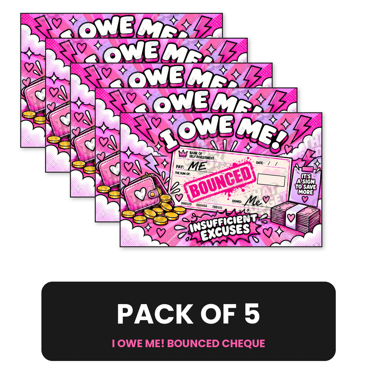 I Owe Me! Bounced Cheque Placeholder | Pack of 5 | Cash Envelope Insert